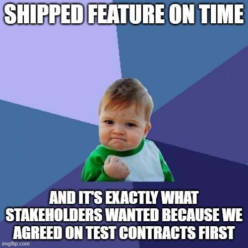 Success kid meme: &ldquo;Shipped feature on time&rdquo; / &ldquo;And it&rsquo;s exactly what stakeholders wanted because we agreed on test contracts first&rdquo;